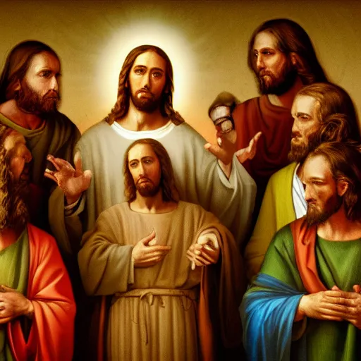 Image similar to A masterpiece ultrarealistic ultradetailed photo of Jesus Christ with his apostles, 4k. cinematic, dramatic