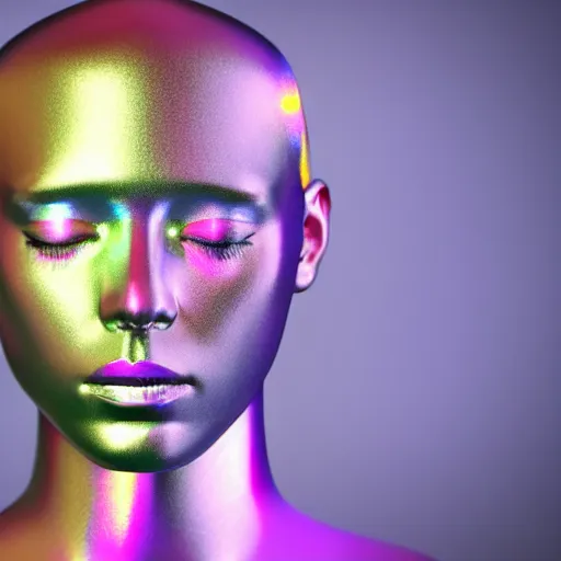 Image similar to 3d render of holographic human robotic head made of glossy iridescent, surrealistic 3d illustration of a human face non-binary, non binary model, 3d model human, cryengine, made of holographic texture, holographic material, holographic rainbow, concept of cyborg and artificial intelligence