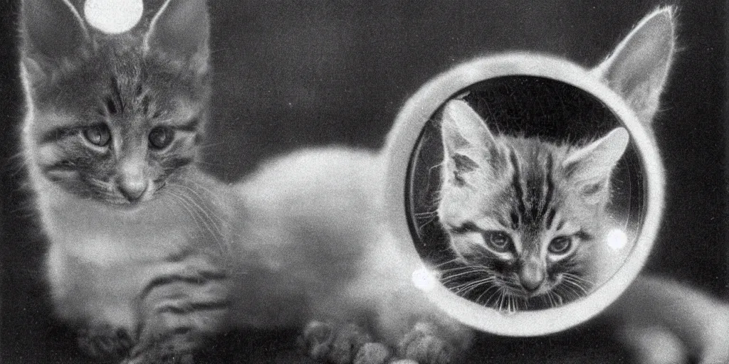 Prompt: 1980s magazine photo of a kitten looking into an infinity mirror