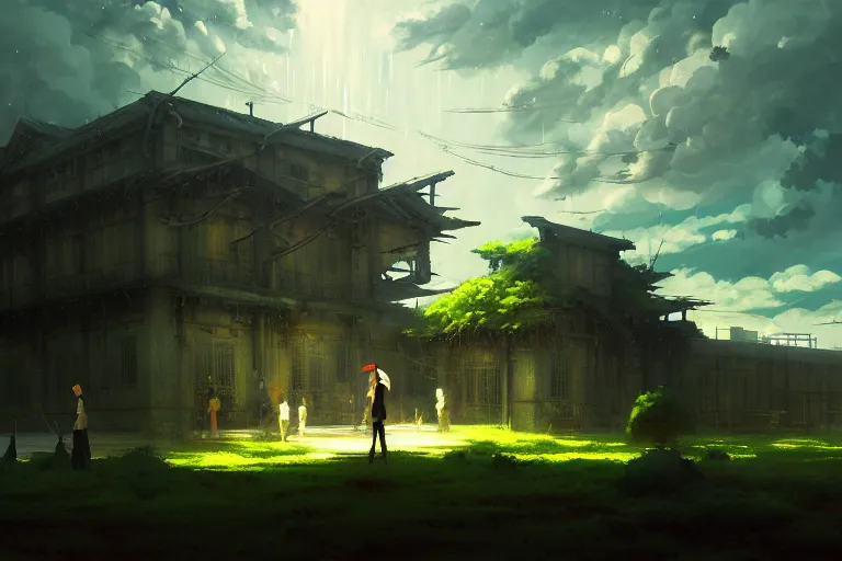 Image similar to baroque oil painting of anime key visual environment concept art of anime overgrown brutalist dark fantasy, rain, rule of thirds, cinematic lighting, fake hidden detail, trending on pixiv fanbox, acrylic palette knife and brush, style of makoto shinkai studio ghibli genshin impact jamie wyeth james gilleard greg rutkowski