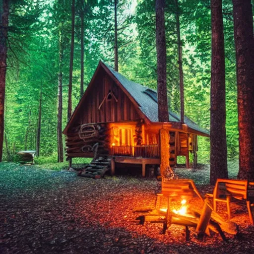 Image similar to cabin in the woods at night, campfire, lens blur, fireflies