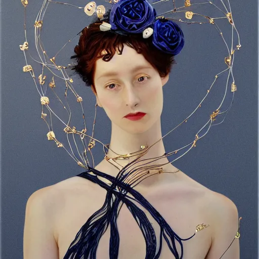 Image similar to a beautiful portrait with a hat made by rosegold wire designed by balenciaga and inspired by egon schiele style,some wires and flowers around the head,navy blue flowers and wires made by rose gold,cinematic lighting,cinematic composition,highly detailed,inspired by baroque jewelry ,hyper realistic,