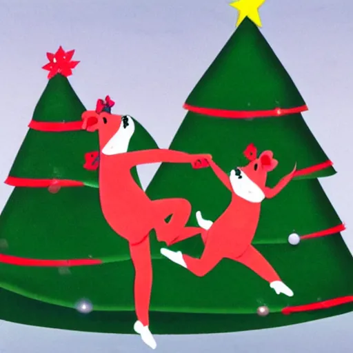 Image similar to two frogs dancing with a pig underneath of a Christmas tree