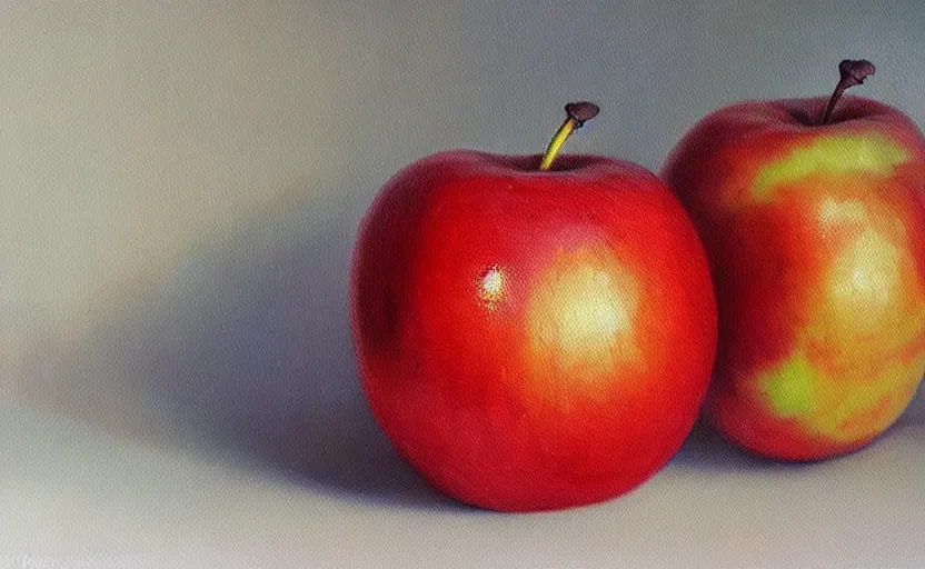 Prompt: a hyper-realistic oil painting of an apple; hyper-detailed; an extraordinary masterpiece!!!; flawless; trending on artstation