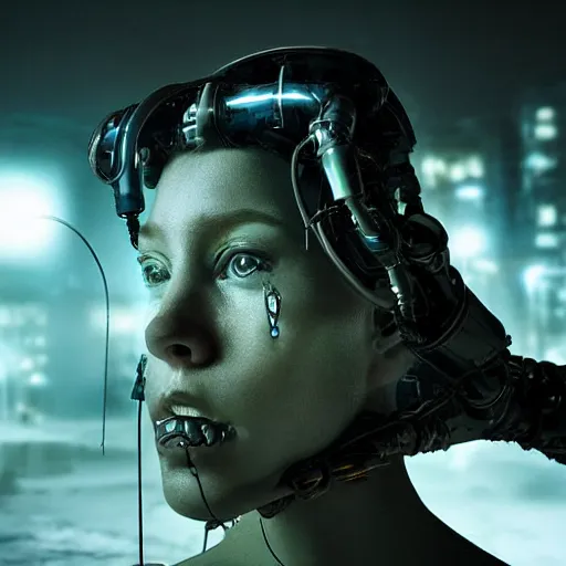 Prompt: stunning, breathtaking, awe-inspiring award-winning photo of a biomorphic female cyborg in a desolate abandoned post-apocalyptic industrial city at night, detailed face, extremely moody blue lighting