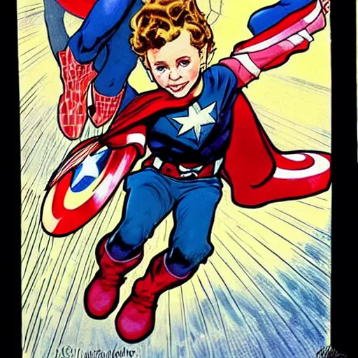 Image similar to a little girl with a mischievous face and light brown curly wavy hair and blue eyes. she is dressed as captain america, spider - man, batman, captain marvel, a superhero. well composed, clean elegant painting, beautiful detailed face. comic book art by steve ditko and jack kirby and alphonse mucha