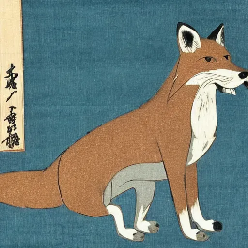 Prompt: Japanese woodblock painting of a foxhound holding a samurai sword