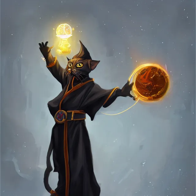 Prompt: black cat tabaxi sorcerer wearing robes holding a glowing crystal, character concept art, oil painting, artstation