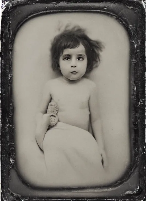 Prompt: old wetplate daguerreotype portrait of baby on mothers womb, explosion of data fragments, fractal, intricate, elegant, highly detailed, parallax, leica, medium format, subsurface scattering, by marie harnett