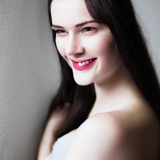 Image similar to beautiful young pale brunette vampire woman smiling, photoshoot, 30mm, Taken with a Pentax1000, studio lighting