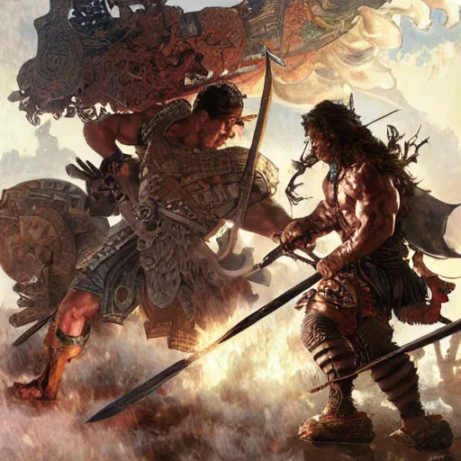 Prompt: muscular male barbarian fighting the world, intricate details, large sword, smoke and fire, by Stanley Artgerm Lau, by greg rutkowski, by thomas kindkade, by alphonse mucha, loish, by norman rockwell J.