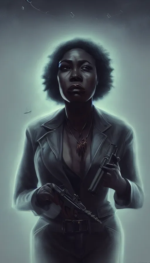 Image similar to gritty noir, black woman detective in nightmare, psychopath, angel, foreboding, planets, sky, dream, highly detailed, digital painting, refreshing, trending on artstation, octane render, illustration by james jean