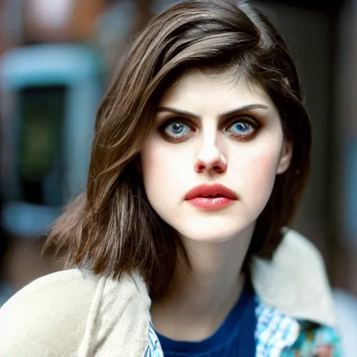 Image similar to closeup portrait of alexandra daddario in a smoky new york back street, photograph, natural light, sharp, detailed face, magazine, press, photo, Steve McCurry, David Lazar, Canon, Nikon, focus