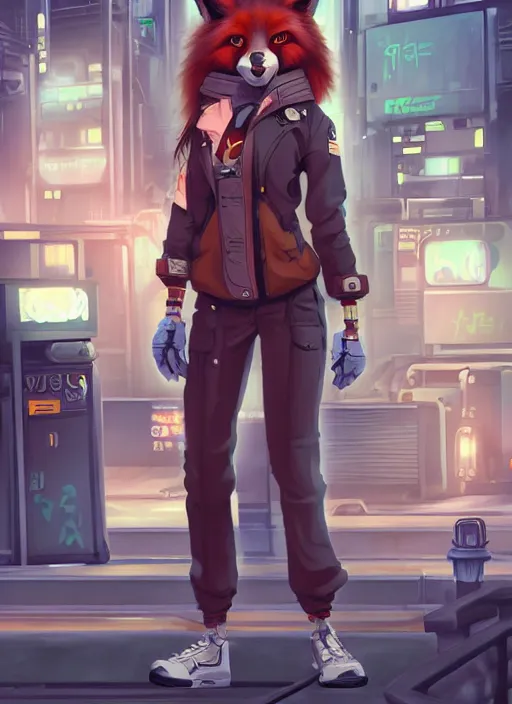 Prompt: stylized commission of a beautiful portrait of a female anthro fox fursona wearing mechanic clothes in a industrial cyberpunk city. character design by Kinoshita Jiroh, Hyaku. Detailed, soft lighting, rendered in octane