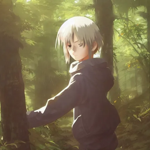 Image similar to anime character in the woods, hyperrealistic, trending on pixiv fanbox, painted by greg rutkowski makoto shinkai takashi takeuchi studio ghibli, akihiko yoshida