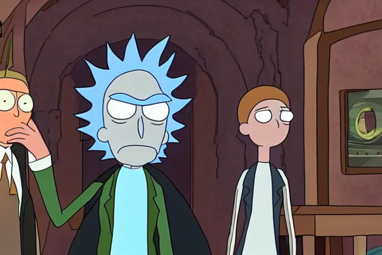 Prompt: a cinematic movie still from the life action adaptation rick and morty go to hogwarts