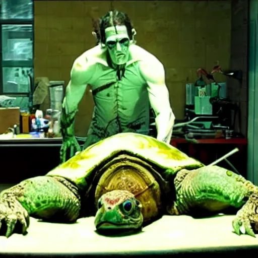 Image similar to foto of frankenstein reanimating turtle from the dead in a op room