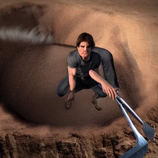 Prompt: tom cruise digging a giant hole with a shovel in a desert, photorealistic, unreal engine