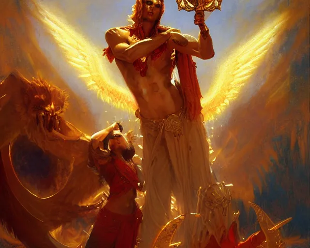 Image similar to attractive male deity, casting demonic magic, summoning handsome lucifer morning star. highly detailed painting by gaston bussiere, craig mullins, j. c. leyendecker 8 k