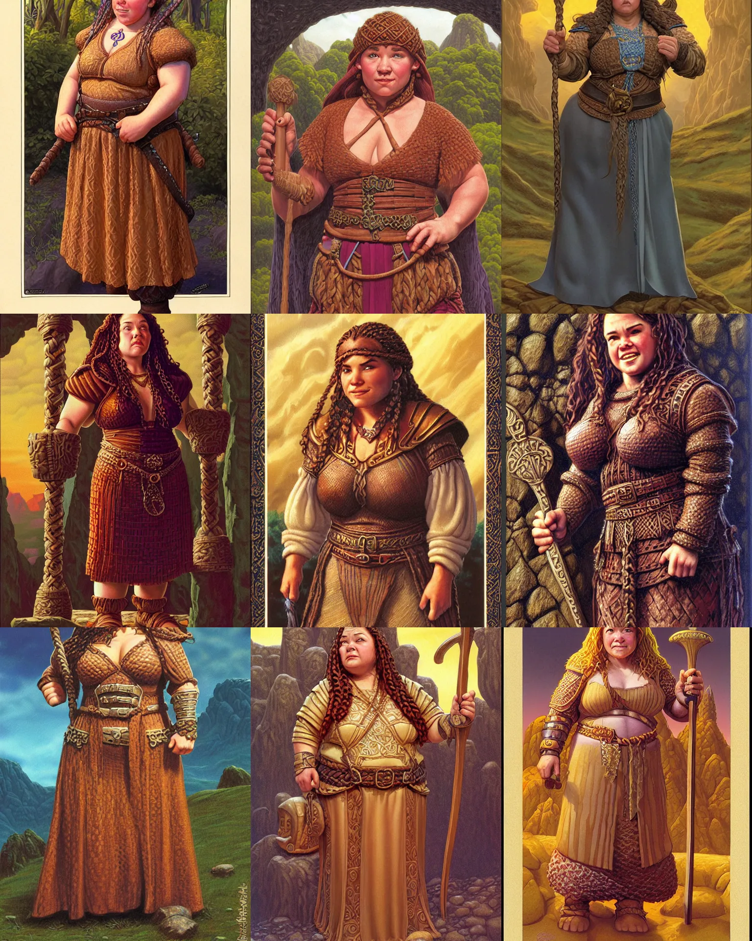 Prompt: female dwarven noblewoman, chubby short stature, braided intricate hair, by greg hildebrandt