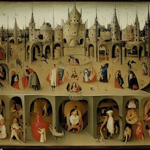 Prompt: thin, blonde women, lost on a labyrinth of concret building, in style of Hieronymus Bosch