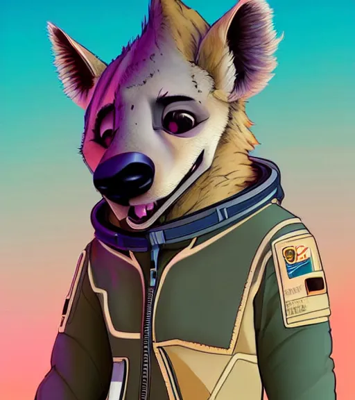 Prompt: digital detailed art of furry female hyena, in style of zootopia, fursona, furry, furaffinity, deviantart, wearing astronaut outfit, in style of disney zootopia, floating in space, space background, hyena fursona, cyberpunk, female, detailed face, style of artgerm,