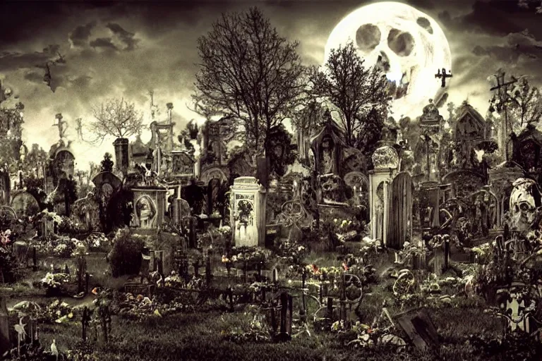 Prompt: corpse rockers with guitars in the hands in a cemetery, evil guitars, evil rock concert, dark night, full moon, the oak tree, highly detailed digital art, photorealistic