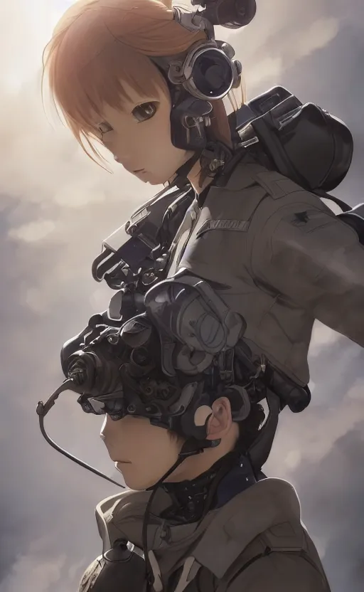 Image similar to pilot girl, cyborg aircraft parts, anime style, military pilot clothing, shoulder eyes, last exile anime, hair down, symmetrical facial features, from arknights, hyper realistic, 4 k, rule of thirds, extreme detail, detailed drawing, trending artstation, realistic lighting, by alphonse mucha, greg rutkowski, short neck