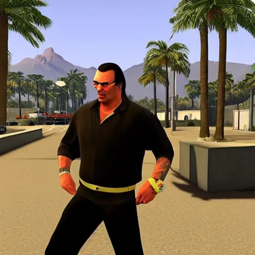 Image similar to Steven Seagal in GTA V . Los Santos in background, palm trees. in the art style of Stephen Bliss