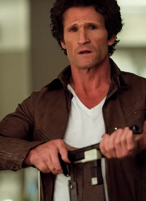 Prompt: film still of Todd Howard as Martin Riggs in Lethal Weapon, 4k