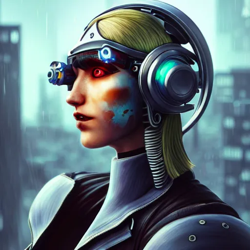 Image similar to Side view of a cyborg demon blond in cyberpunk headset and helmet on the street of a cyberpunk city, sci-fi, fantasy, intricate, very very beautiful, elegant, highly detailed, digital painting, artstation, concept art, smooth, sharp focus, illustration, art by Josan Gonsales