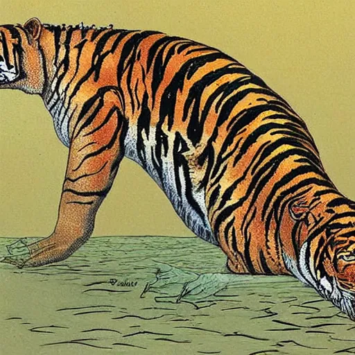 Prompt: a hybrid animal half crocodile and half tiger painting by moebius