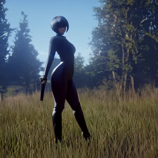 Image similar to Film still of 2B nier automata wearing skintight clothes in a field, from Red Dead Redemption 2 (2018 video game), trending on artstation, artstationHD, artstationHQ