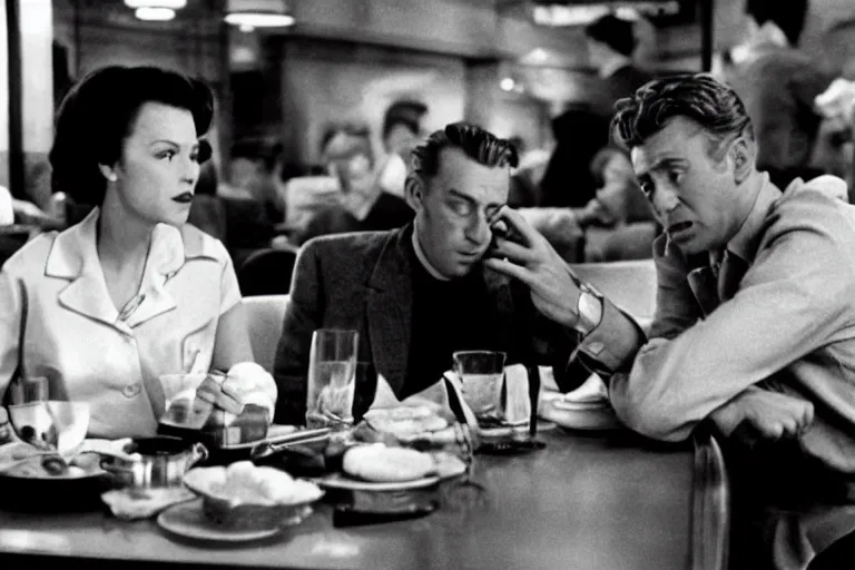 Image similar to beautiful couple arguing in a New York diner 1959s, by Roger Deakins