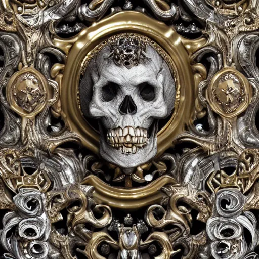 Image similar to a beautiful, ornate and intricate rococo skull with vampire teeth and silver and gold details and diamonds inside a rococo frame, 4k, octane render, vray, unreal engine, photorealistic