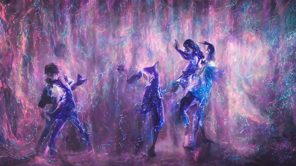 Prompt: beautiful and detailed soft painting of two people dressed as gen z dancing togheter in a nightclub enveloped in trails of colorful animal ghosts floating around them. clean painting, realistic and auora lighting. dark blue and intense purple color palette, art by yoshiyuki tomino, masterpiece, 8 k