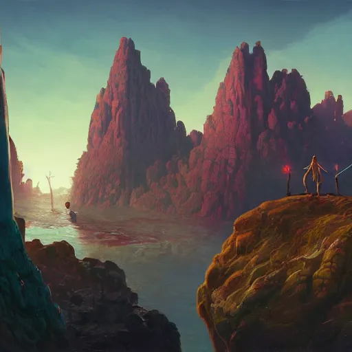 Image similar to fantasy wizard and fantasy warrior looking across rock chasm in the morning sun by Simon Stalenhag