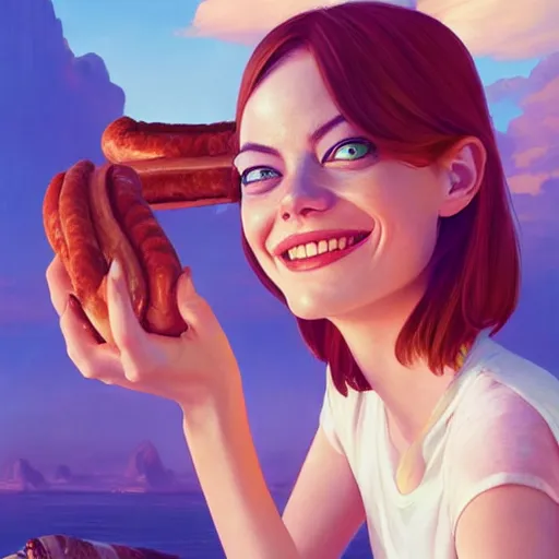 Image similar to emma stone smiling to see flying big italian sausages by concept artist gervasio canda, behance hd by jesper ejsing, by rhads, makoto shinkai and lois van baarle, ilya kuvshinov, rossdraws global illumination radiating a glowing aura global illumination ray tracing hdr render in unreal engine 5