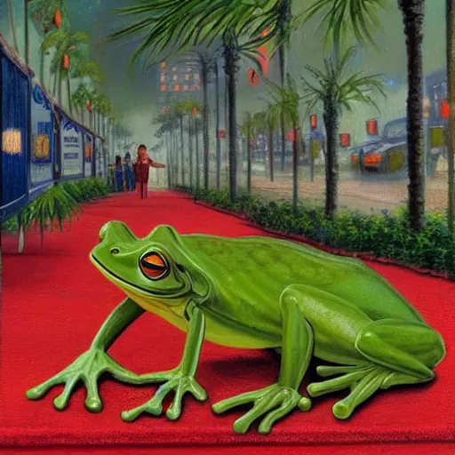 Prompt: painting of a bipedal frog walking down the hollywood walk of fame, palm trees, thomas kinkade