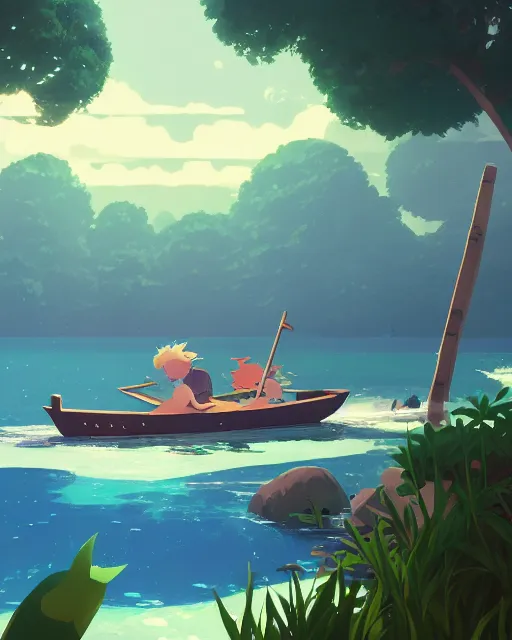 Prompt: small wooden boats around turtle shaped island, lush vegetation, azure water, glowing light, cory loftis, james gilleard, atey ghailan, makoto shinkai, goro fujita, studio ghibli, rim light, exquisite lighting, clear focus, very coherent, plain background, soft painting