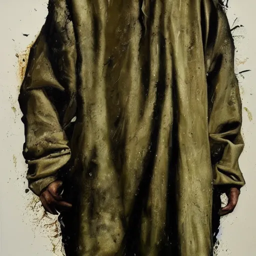 Prompt: a full body portrait of modern day jesus wearing olive green yeezy menswear collection by nicola samori, detailed, oil painting, smudges, hyper realistic, 8 k, yeezy collection