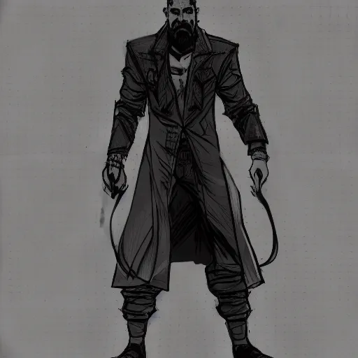 Image similar to concept art character, very high angle view, book cover, very attractive man with beard, walking in cyberpunk valley highly detailed full body, strong masculine features, sturdy body, command presence, royalty, smooth, sharp focus, organic, appealing, book cover, deep shadows, by Dave McKean, borderlands 3, sketch lineart for character design