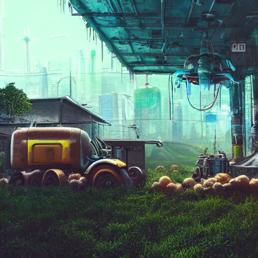 Prompt: fully detailed landscape of a cyberpunk farm underground , watertank, futuristic tractors, farmhouse, mushroom, overgrowth, Ai , Bots , drones , cinematic lightening, in the future, high quality, 8k , octane render, trending on artstation , greg rutowski