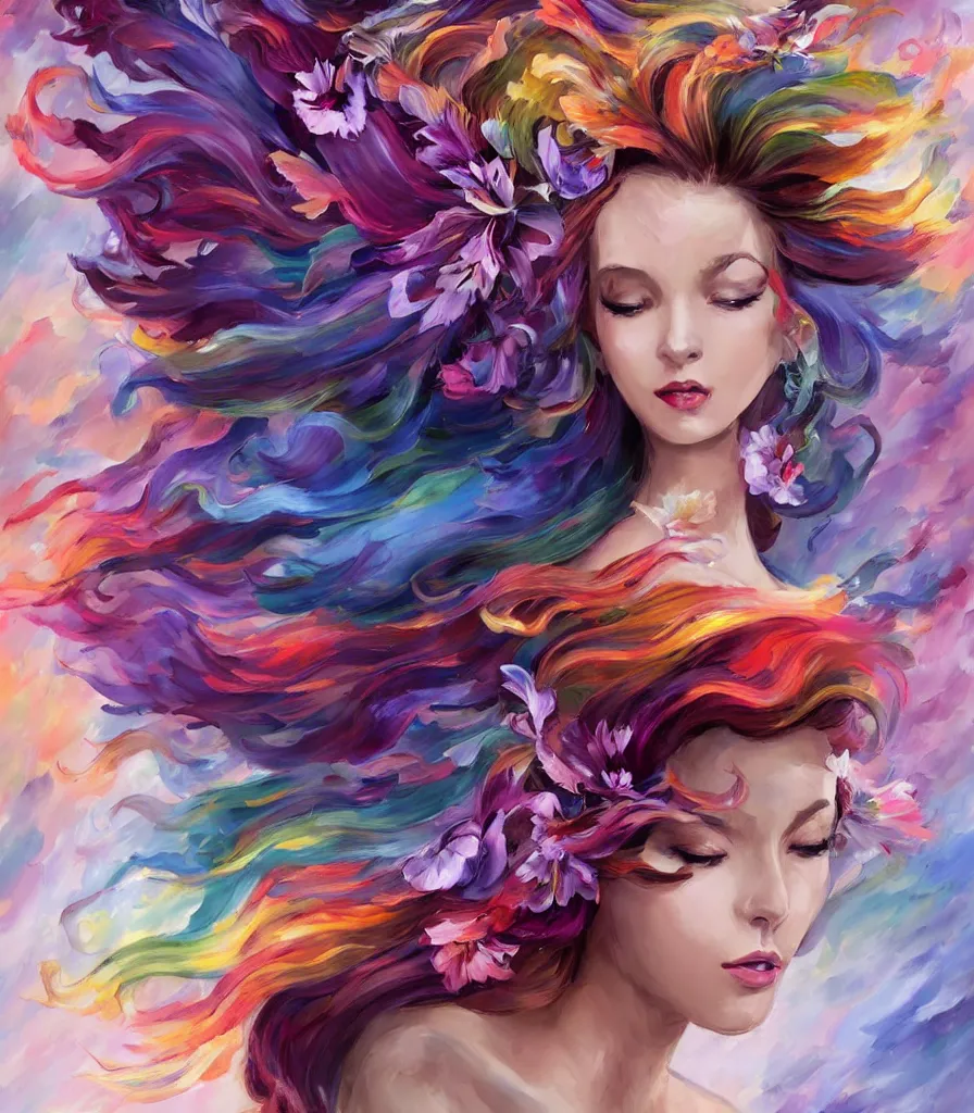 Image similar to a colorful and provenance illustrations painting of the fantasy female who with floral wing, highly detailed, her hair made of hair made of air wind and curling smoke, mist, dust, genie, spirit fantasy concept art, art by afremov and leonid, trending on artstation.