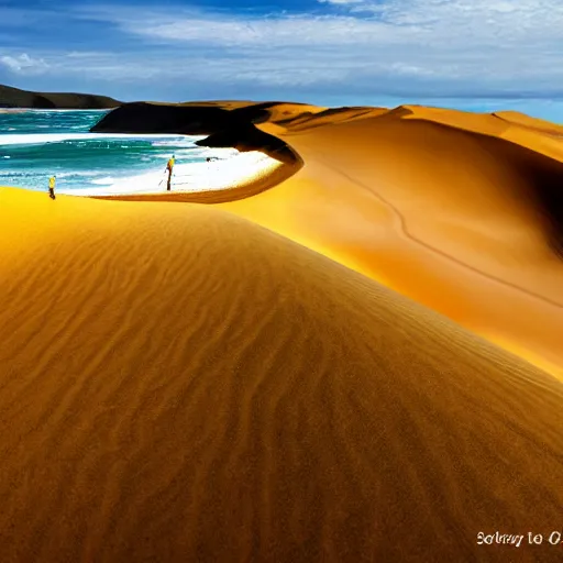 Image similar to sandboarding sandhills and seascape hokianga, ghibli, cinematic composition, wide shot, digital art