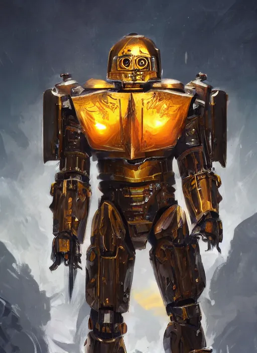 Prompt: full body, dynamic attack position abstract portrait of a intricate glorious holy mechanical warforged character in yellow armor holding a paladin engraved great longsword drawn and carrying a big paladin shield, glowing red eye, face in focus, pit droid, epic , trending on ArtStation, masterpiece, cinematic lighting, by Ross Tran and by Greg Rutkowski