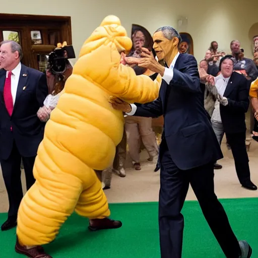 Prompt: president obama punching a man dressed in a swiss cheese costume