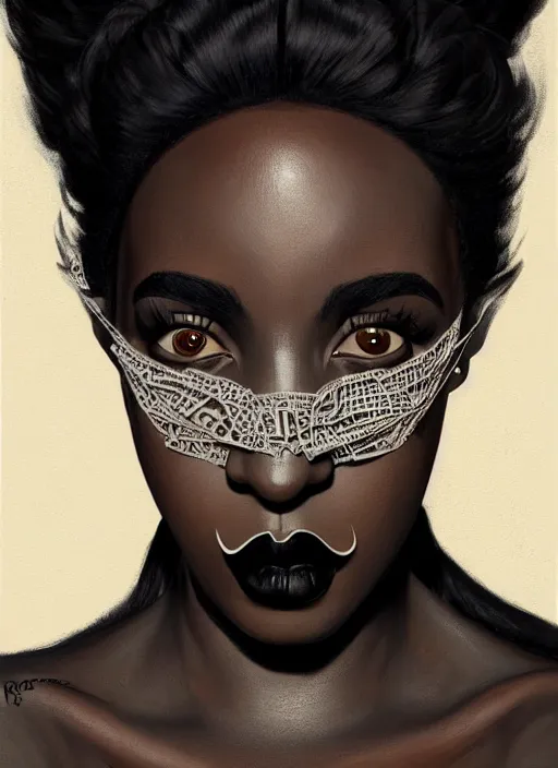 Image similar to portrait of a black woman with a crooked nose and a confident expression, 1 9 6 0 s, black clothes, goth, punk, funk, intricate, elegant, highly detailed, digital painting, artstation, concept art, smooth, sharp focus, illustration, art by wlop, mars ravelo and greg rutkowski