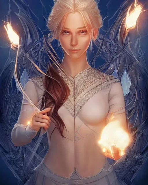 Prompt: digital art by artgerm in the style of throne of glass book covers illustrations, very detailed, intricate, sharp focus, a young adult female magician with fireballs in hand and a blue magic lighting aurea overlay