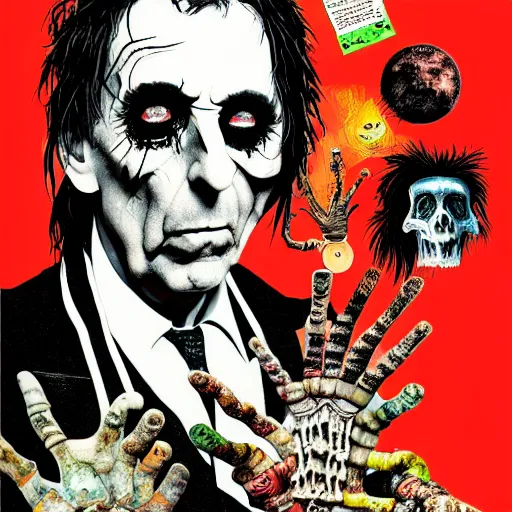 Image similar to graphic illustration, creative design, alice cooper, biopunk, francis bacon, highly detailed, hunter s thompson, mixed media